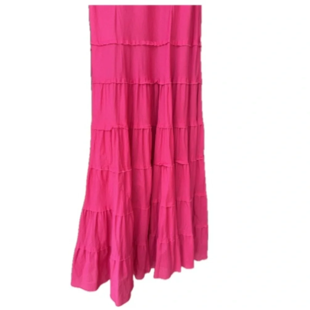 Pink Tiered Maxi Dress Cotton Boho Sundress Sleeveless Crochet Neck 10 - Picture 5 of 8